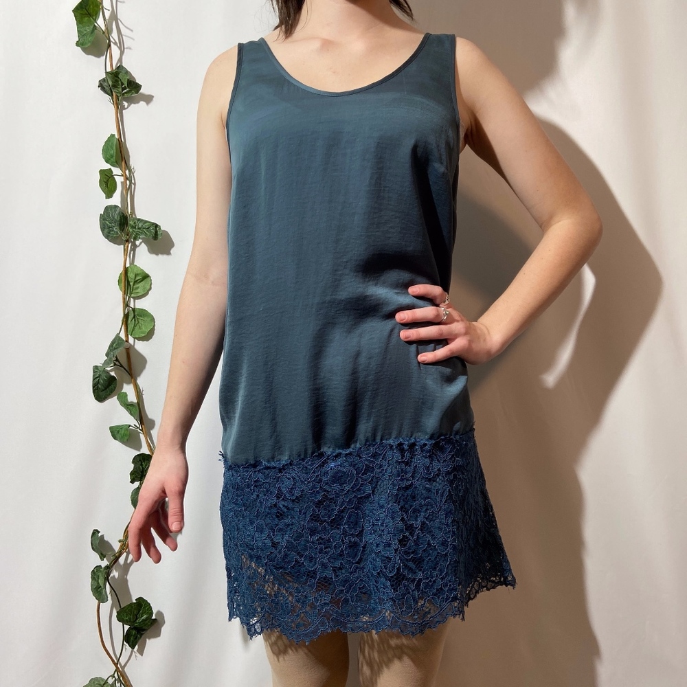 Valette Teal Silky Lace Trimmed Slip Dress Small